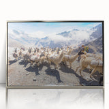 Mid-century modernist art depicting a Bolivian landscape on a silver-framed acrylic print, with earth tones.