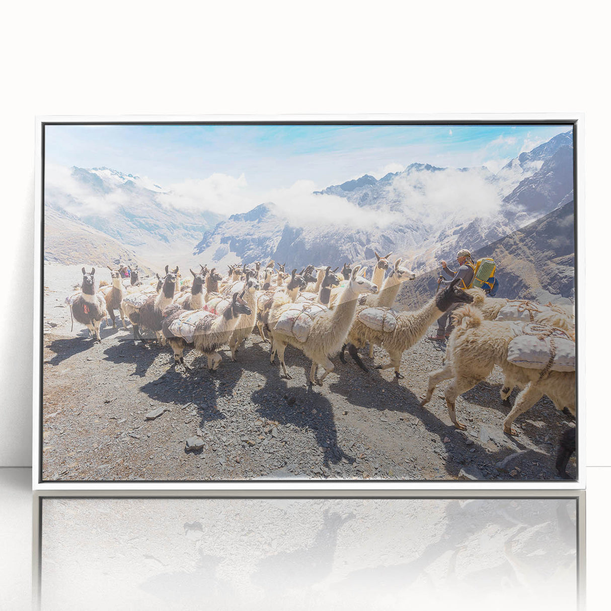 Acrylic print of a Bolivian landscape in art deco style with muted earth tones, ideal for modern art wall decor.