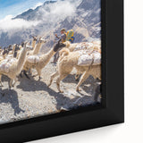 Framed canvas of a textured depiction of a Bolivian landscape in black with colorful accents, ideal for living room decor.