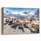 Framed canvas featuring a vintage-style landscape painting of a Bolivian scenery in black and gold tones.