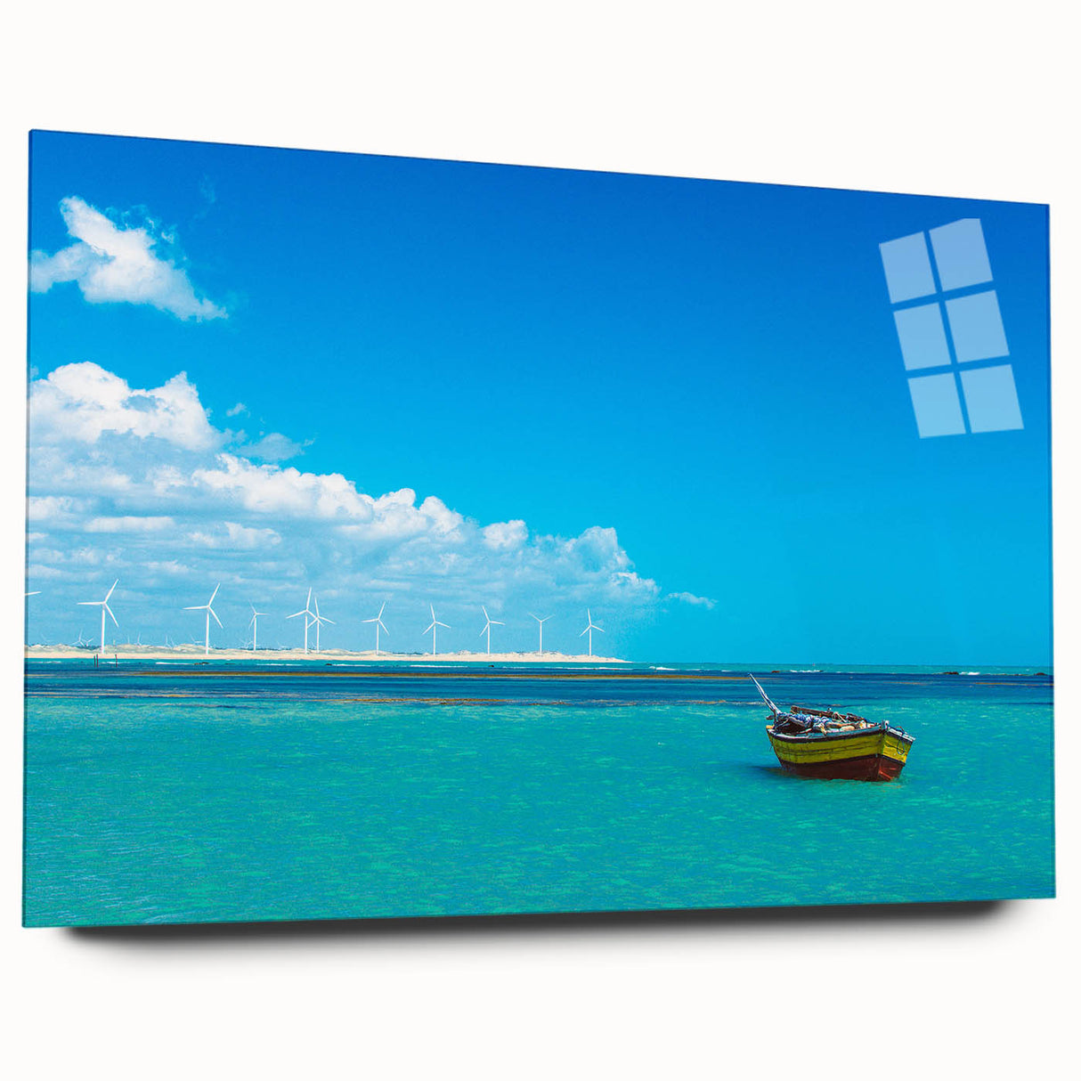 Acrylic print of a large abstract depiction of a Brazilian landscape in vibrant green and blue tones.