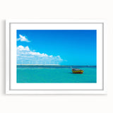 Abstract art print of a Brazilian landscape in muted green and yellow tones, framed with a white mat.