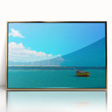 Large art print of a Brazilian landscape in muted earth tones, framed in gold acrylic, suitable for nursery wall decor.