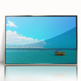 Framed acrylic print of a mid-century modernist Brazilian landscape in muted earth tones, ideal for modern art wall decor.