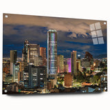 Large abstract wall art depicting a South American scenery in vibrant green and blue tones, acrylic glass.