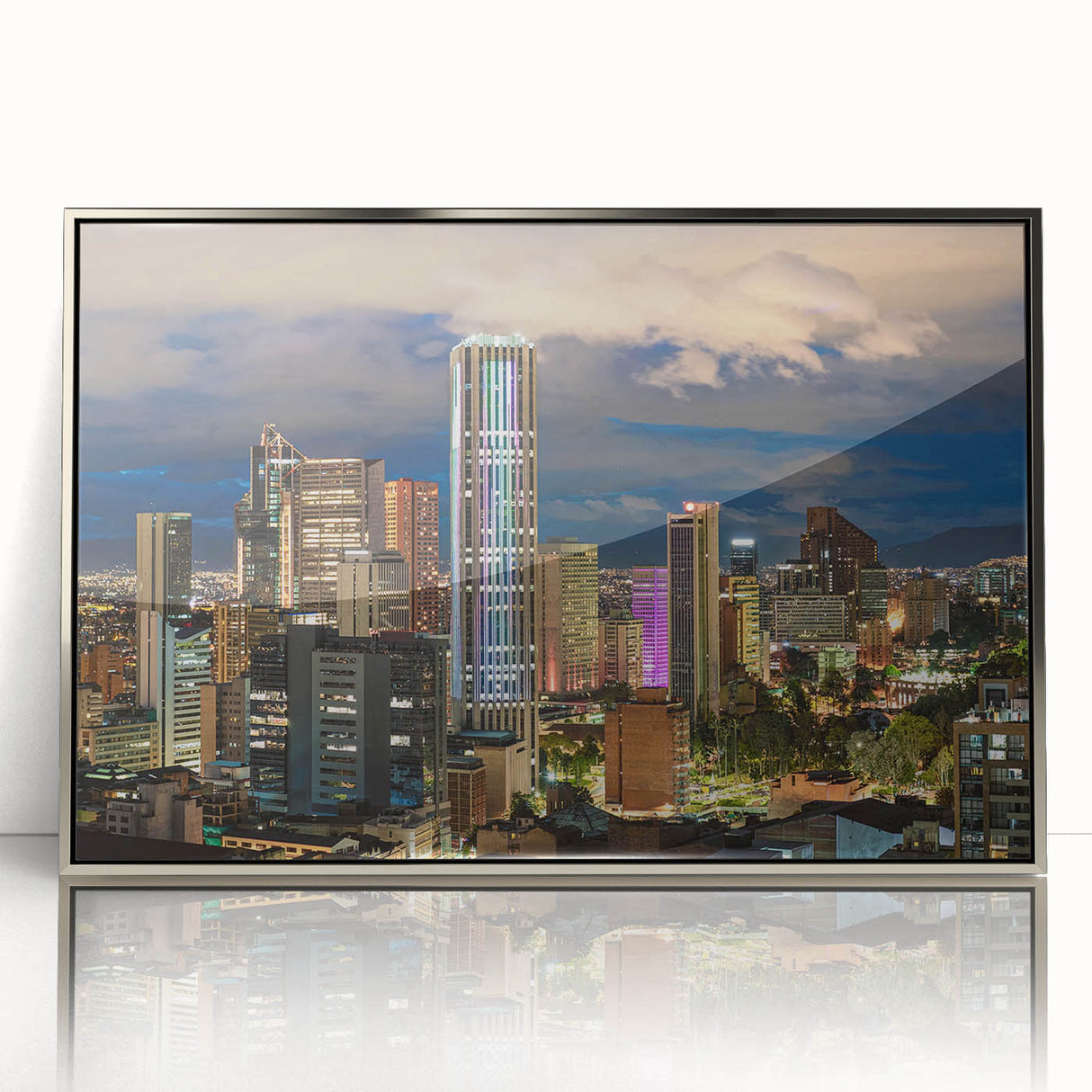Mid-century modernist art of Colombian landscape in silver frame, acrylic print, suitable for nursery wall decor.