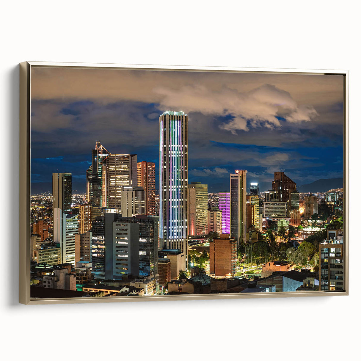 Framed canvas featuring a vintage-style landscape painting of a Colombian scenery in muted gold and black tones.