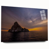 Large abstract wall art of Galapagos scenery in vibrant blue and green hues on acrylic glass.