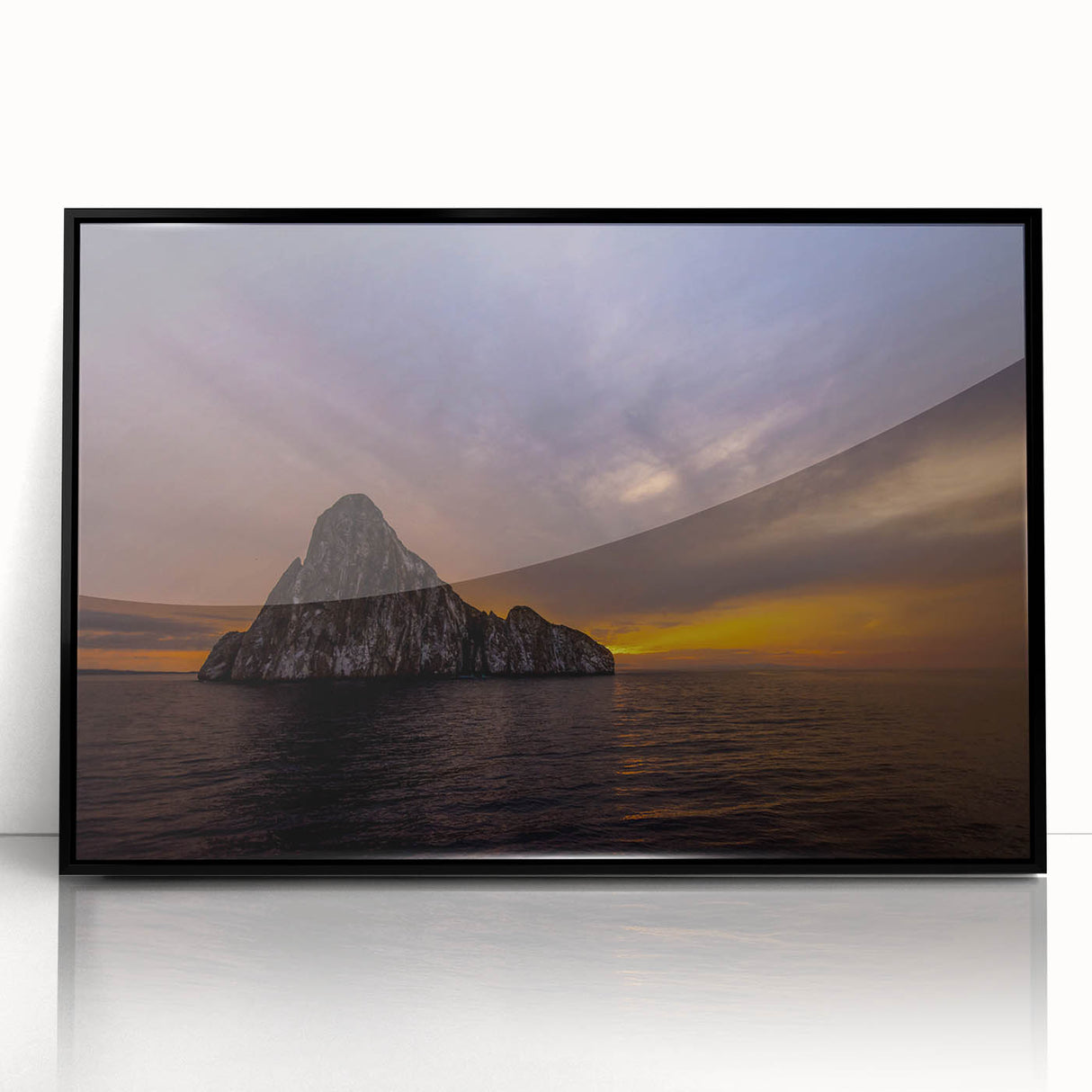 Large abstract wall art depicting a vibrant, colorful Galapagos scenery on a black framed acrylic.