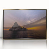 Mid-century modernist style Galapagos scenery on a large framed acrylic print, with vibrant blue and green tones.