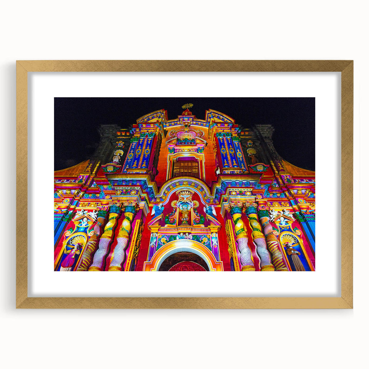 Extra large abstract art print of South American scenery in gold frame.