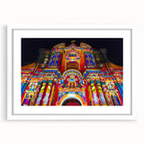 Abstract art print depicting a vibrant, colorful Ecuadorian landscape on a framed white mat, ideal for dining room decor.