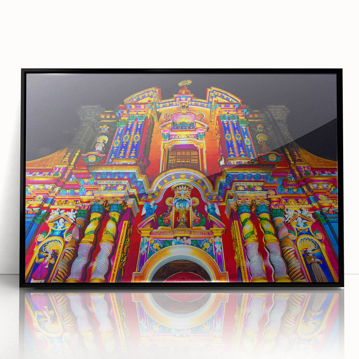 Large abstract wall art depicting a South American scenery in muted earth tones, framed in black acrylic.