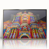 Mid-century modernist art depicting an Ecuadorian landscape in earth tones on a silver-framed acrylic print.