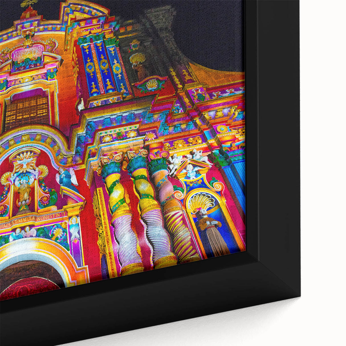 Extra large framed canvas featuring a textured black wall art scene of a South American landscape in colorful art style.