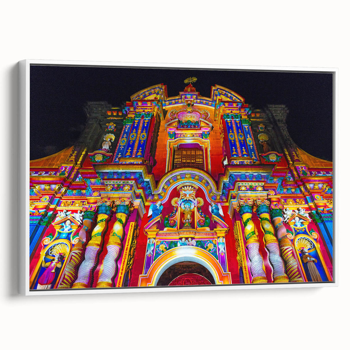 Vintage poster art of Ecuador scenery on extra large framed canvas, featuring colorful art against a black background.