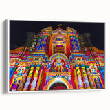 Vintage poster art of Ecuador scenery on extra large framed canvas, featuring colorful art against a black background.
