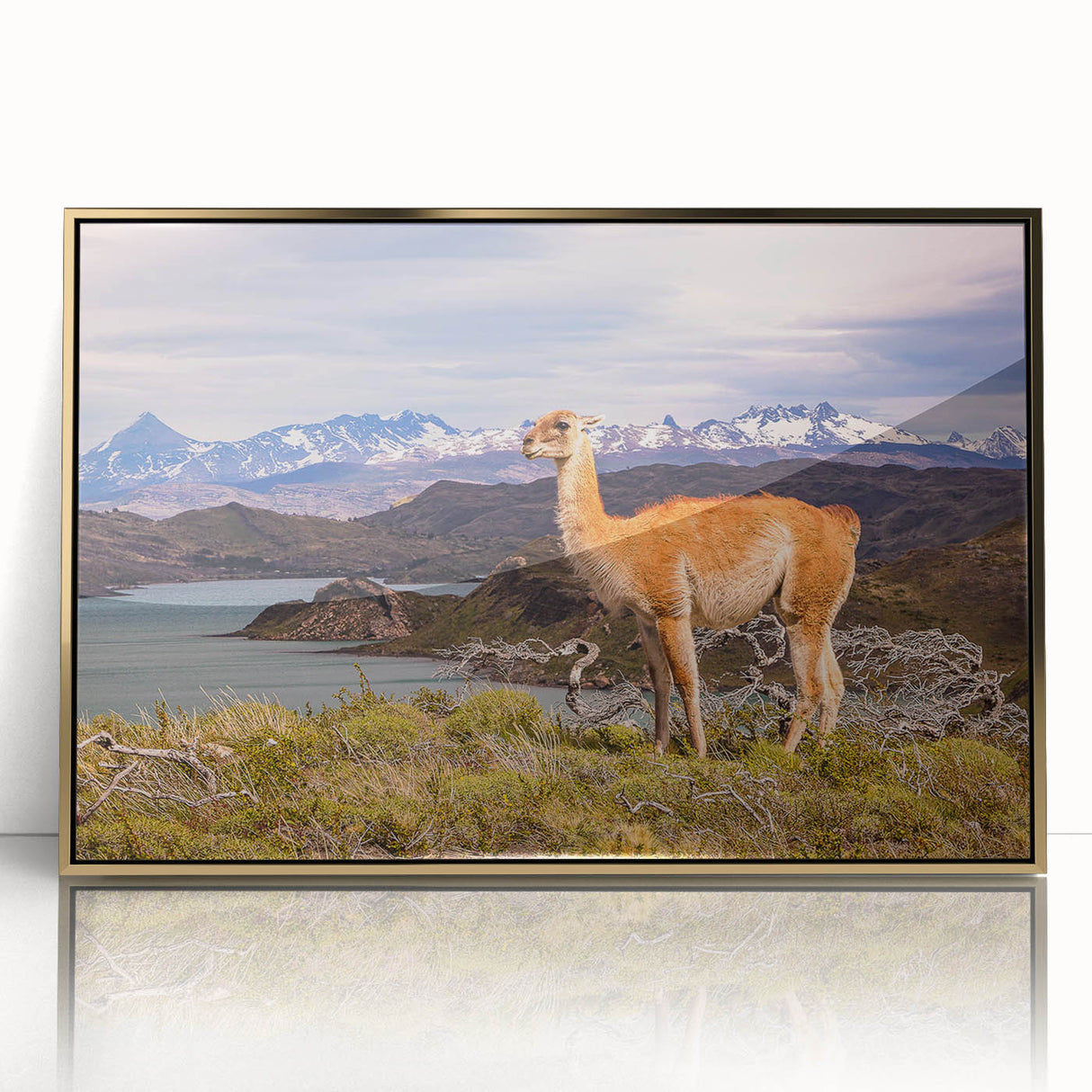 Mid-century modernist scenery of South America featuring muted gold and green tones on a framed acrylic.