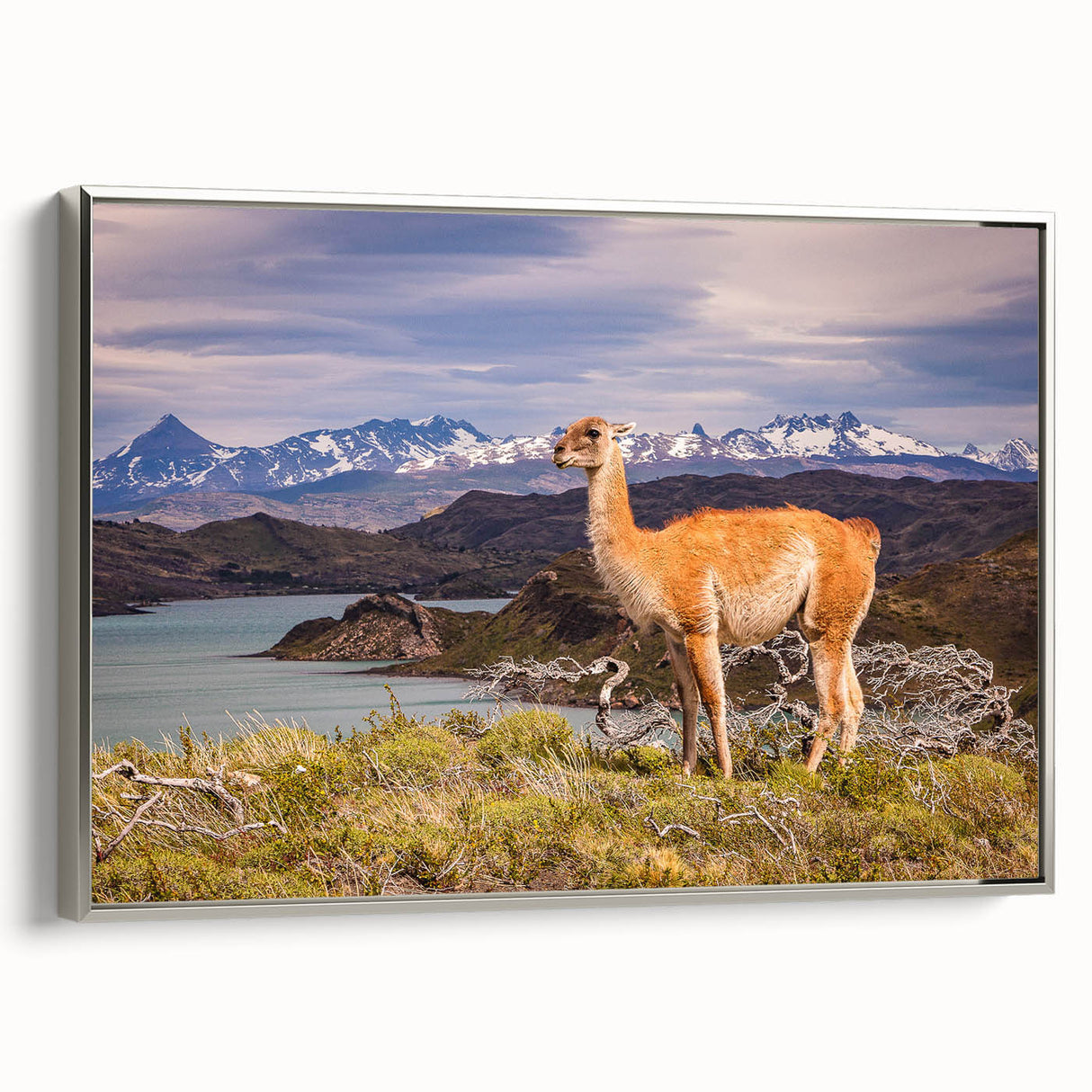 Framed canvas featuring a vintage-style landscape painting of a Peruvian scene with colorful art in muted earth tones.