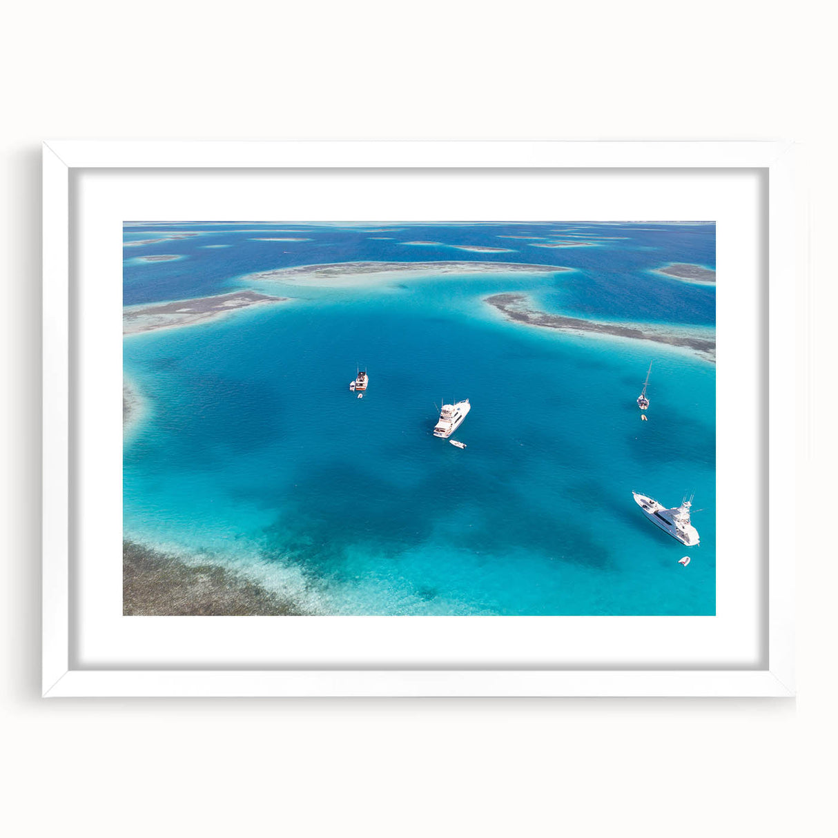 Abstract art print depicting a colorful Venezuelan landscape on a framed white mat, ideal for dining room decor.
