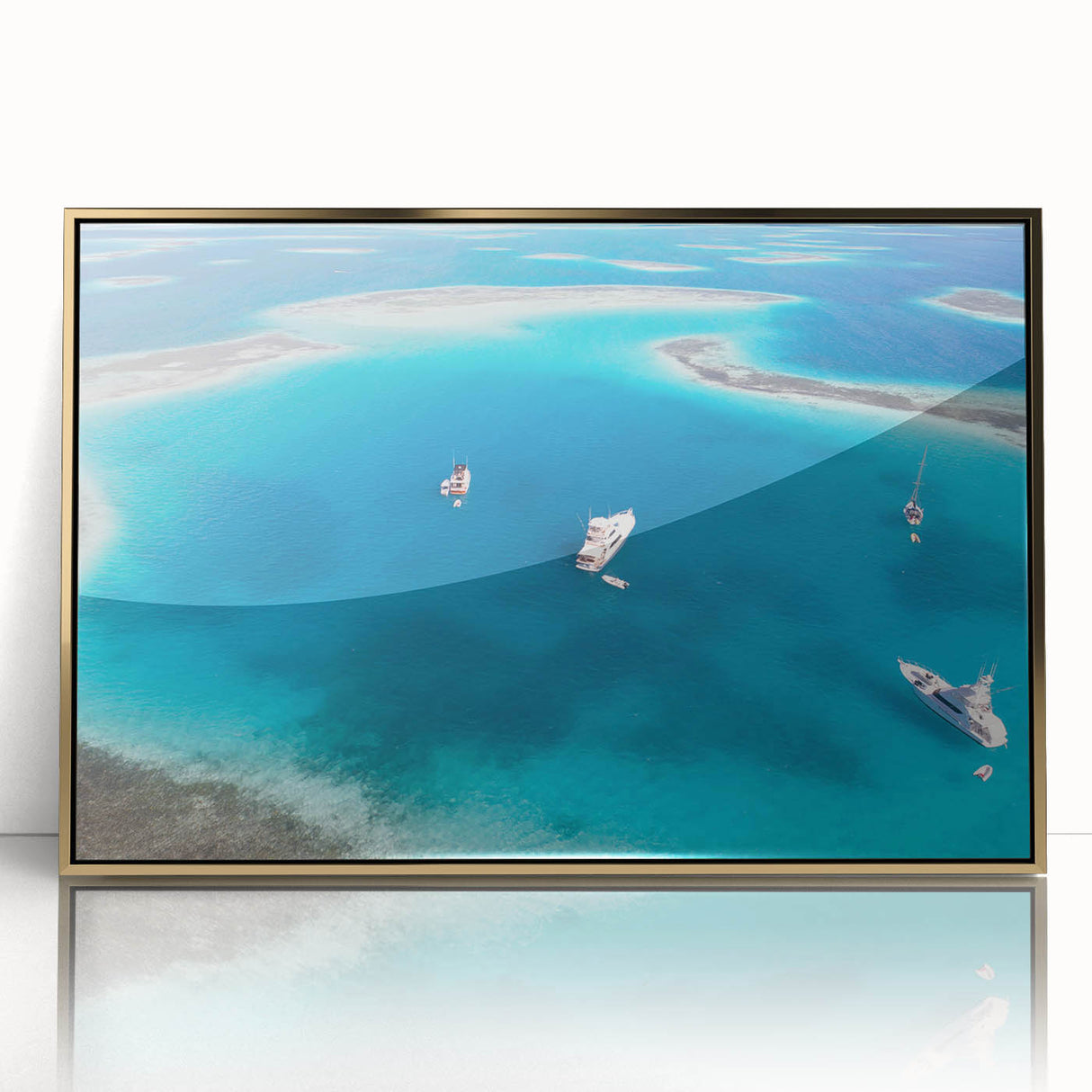 Large art print of a Venezuelan landscape in gold frame, showcasing mid-century modernist style.