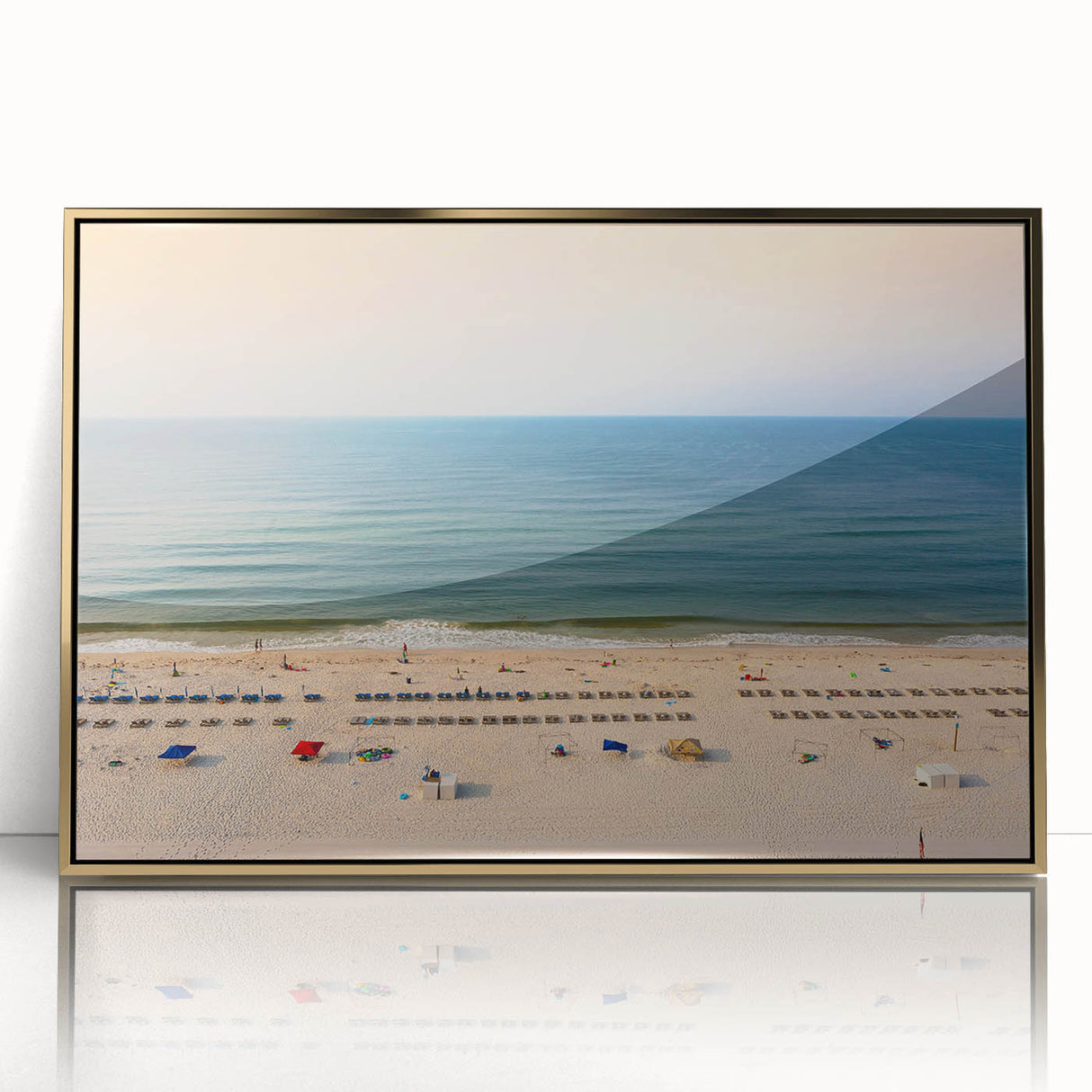 Large art print of an Alabama landscape, featuring mid-century modernist style and gold-toned acrylic frame.