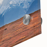 Mid-century modernist large abstract depiction of Denali, Alaska in muted earth tones on acrylic glass.