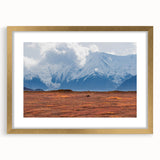 Extra large abstract art print of Denali, Alaska, in gold frame with mat, featuring textured details and cool hues.