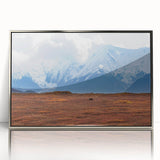 Mid-century modernist art depicting Denali, Alaska in acrylic, framed in silver, ideal for modern art wall decor.