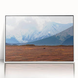 Acrylic print of Denali, Alaska in muted earth tones, framed in white, suitable for modern art wall decor.