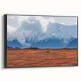 Black and white framed canvas of Denali, Alaska landscape, ideal for bedroom wall art.