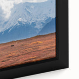 Extra large framed canvas of a textured Denali, Alaska scenery in black with colorful accents, ideal for living room decor.
