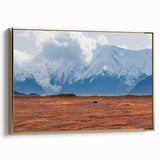 Framed canvas of Denali, Alaska landscape in muted earth tones, ideal for bedroom wall art.