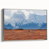 Framed canvas of Denali landscape in Alaska with muted earth tones, ideal for office decor.