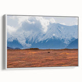 Vintage poster art of Denali, Alaska with muted color palette on framed canvas, suited for living room decor.