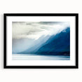 Extra large abstract art print of Alaska scenery in vibrant colors on textured canvas, framed in black.