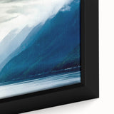 Extra large framed canvas featuring a textured Alaskan landscape in black with colorful accents, ideal for living room decor.