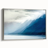Framed canvas depicting a muted color landscape of Alaska, ideal for adding a serene touch to living room decor.