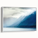 Vintage poster art of an Alaskan landscape on framed canvas, featuring muted earth tones, ideal for living room decor.