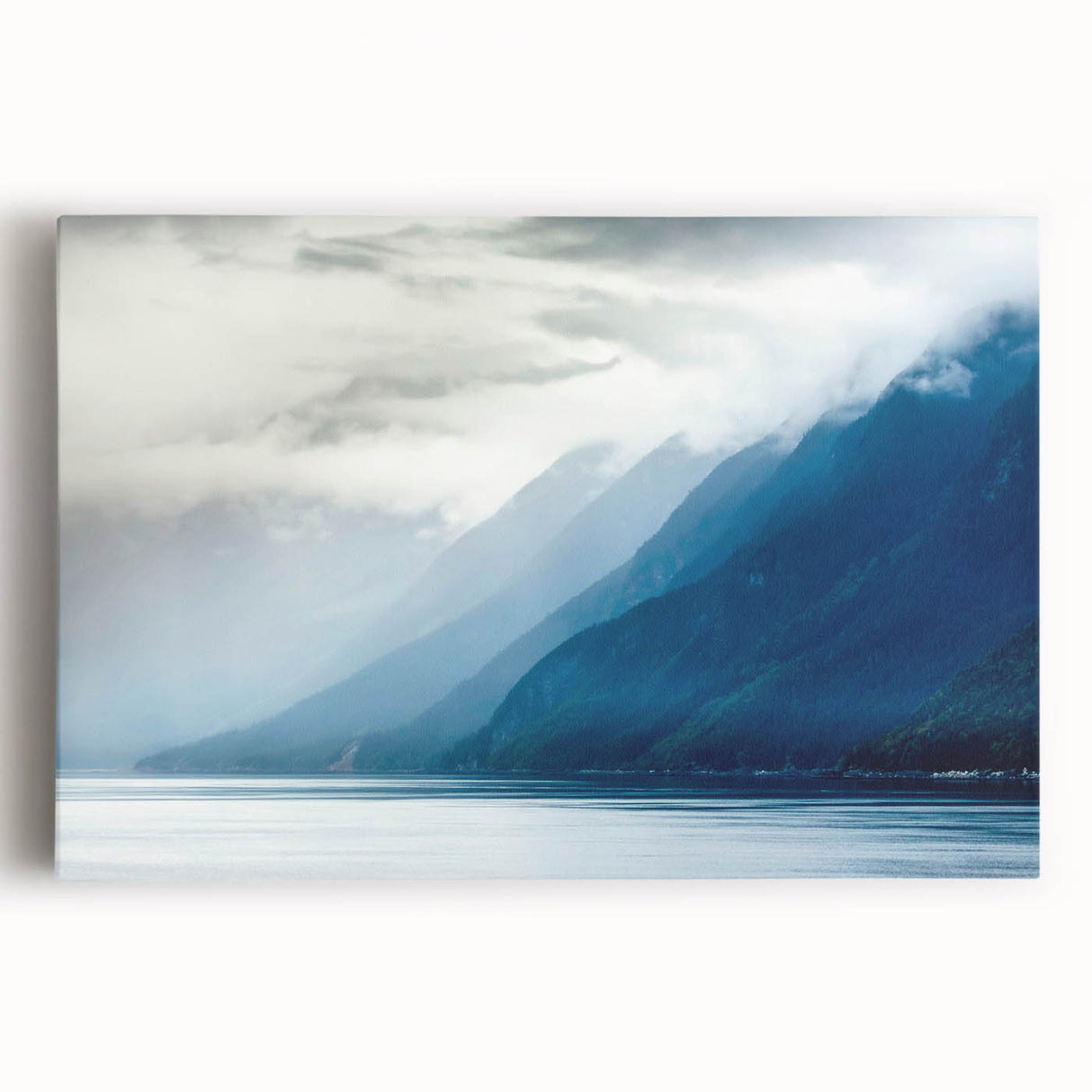 Black and white photograph of a serene Alaskan landscape on large stretched canvas, ideal for kitchen wall art.