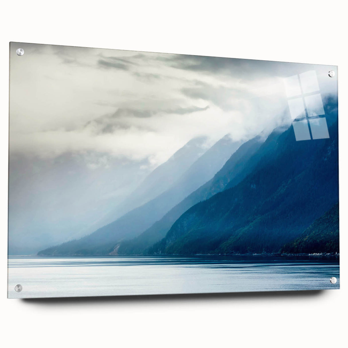 Acrylic print of a serene Alaskan landscape in cool blue and gray tones, suitable for bedroom or dining room decor.