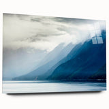Large abstract depiction of an Alaskan landscape in cool blue and white tones on acrylic glass.