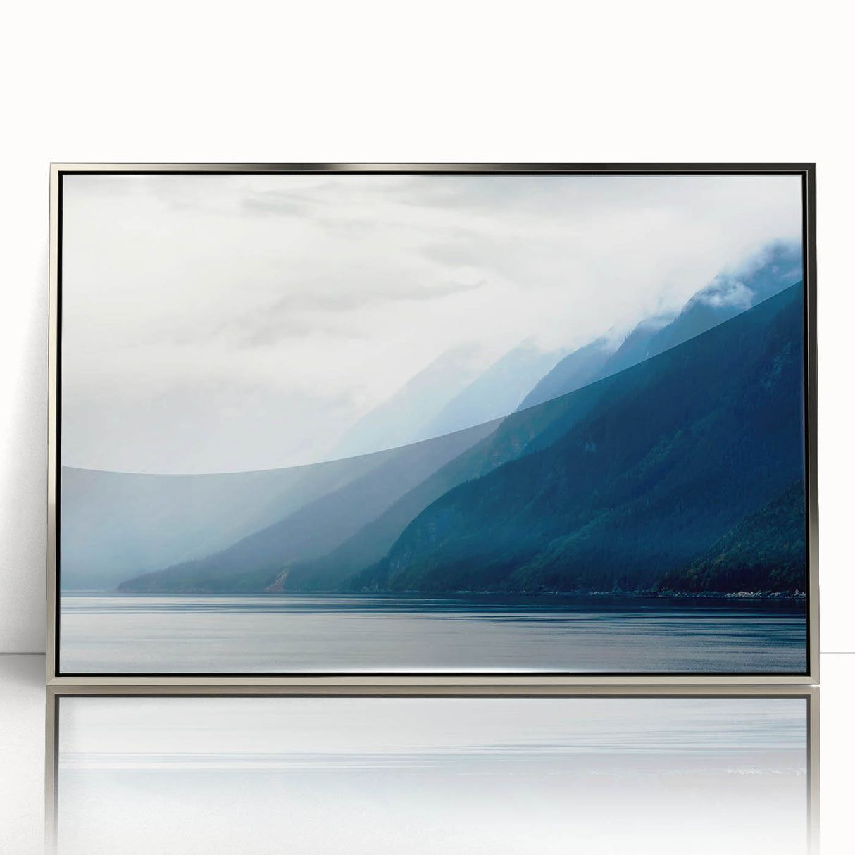 Mid-century modernist art depicting Alaskan scenery in muted earth tones on a framed acrylic panel.