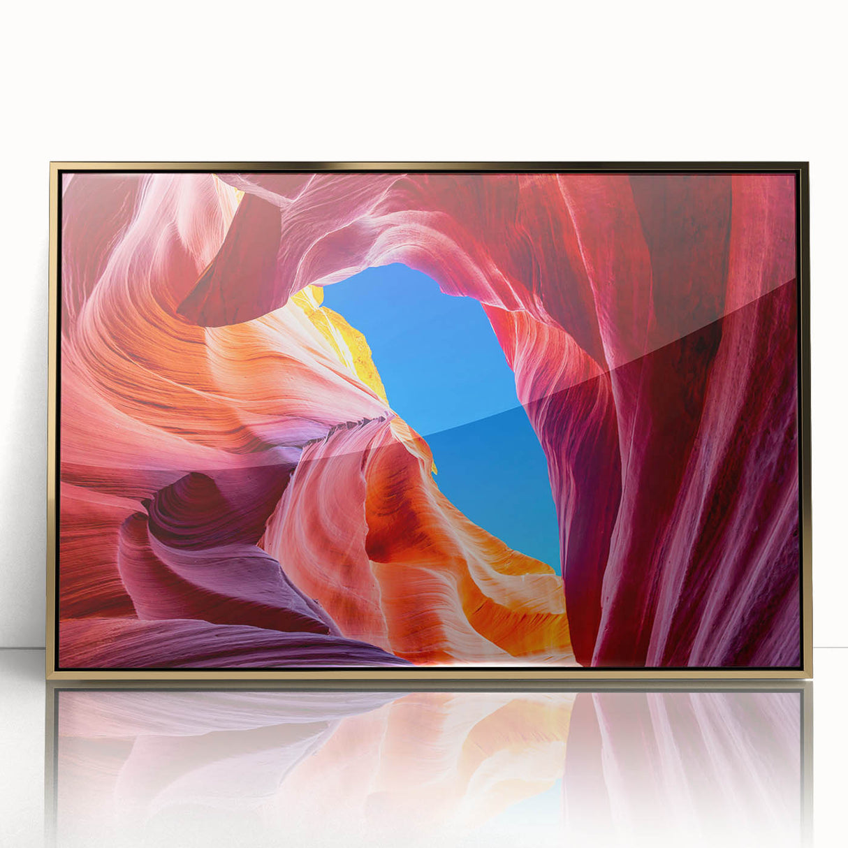 Mid-century modernist acrylic print of Antelope Canyon in Arizona, with a gold frame, suitable for modern art wall decor.