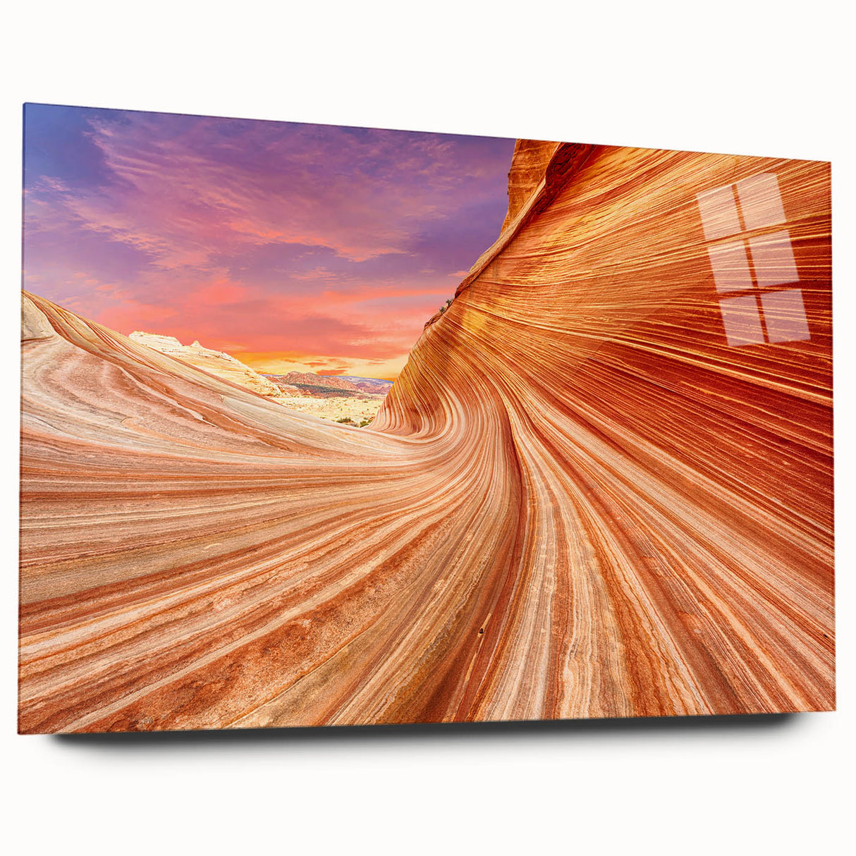 Large abstract wall art of Coyote Buttes in Arizona, featuring earthy tones on acrylic glass.