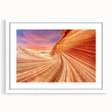 Abstract art print of Arizona's Coyote Buttes in muted earth tones on a white-framed canvas.