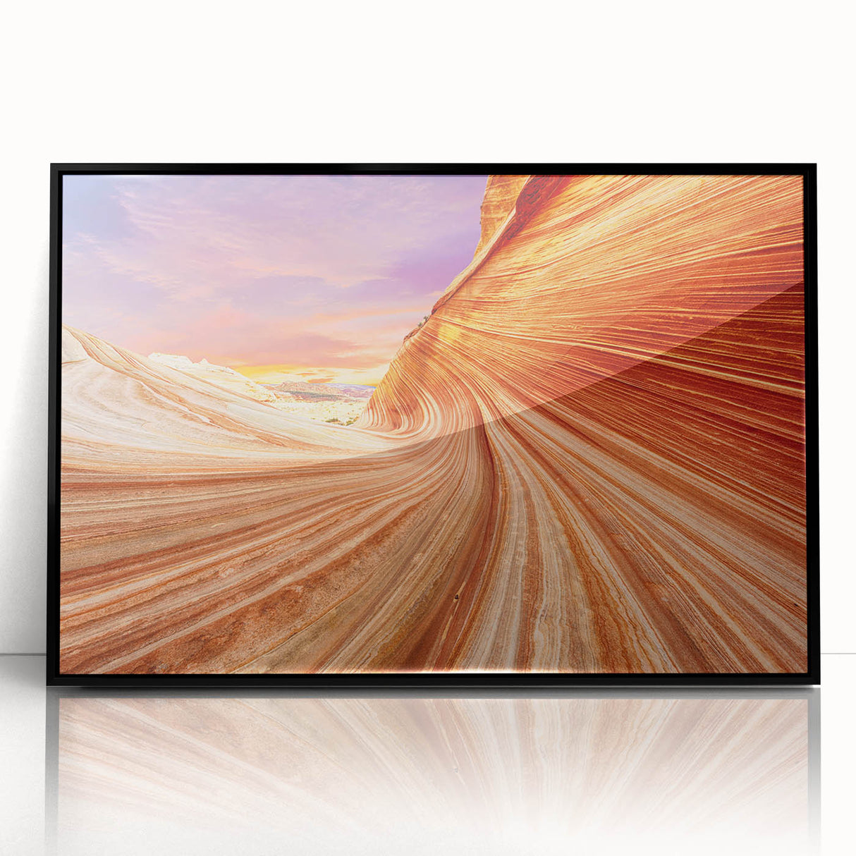 Large abstract wall art depicting Arizona's Coyote Buttes in muted earth tones on framed acrylic.