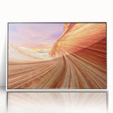 Acrylic print of Arizona's Coyote Buttes in earthy tones, framed in white, ideal for modern art wall decor.