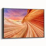 Black and white wall art featuring a landscape of Arizona's Coyote Buttes on a framed canvas, suitable for bedroom decor.