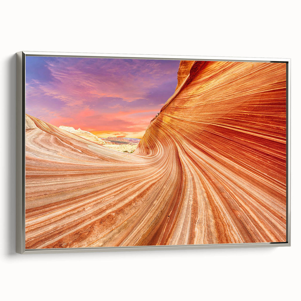 Landscape art painting of Coyote Buttes in Arizona on a silver-framed canvas, featuring earthy red and orange tones.